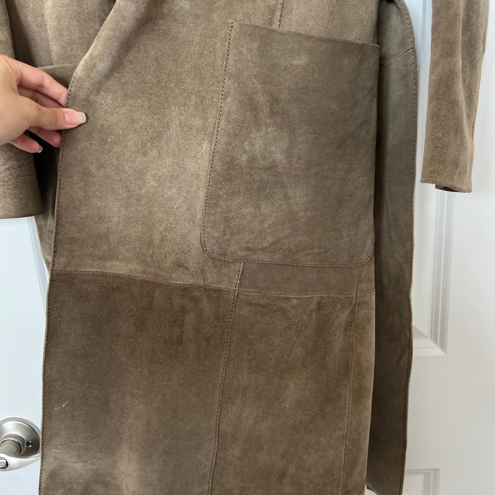 MNG Mango Genuine Leather Suede Trench Coat Belted‎ Taupe Double Breasted - Picture 10 of 16